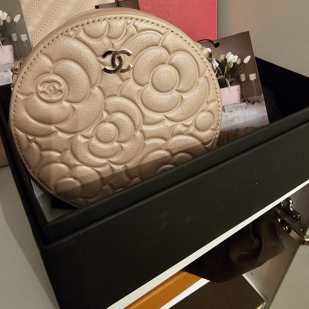 CHANEL Metallic Beige Camellia Quilted Round Crossbody Bag